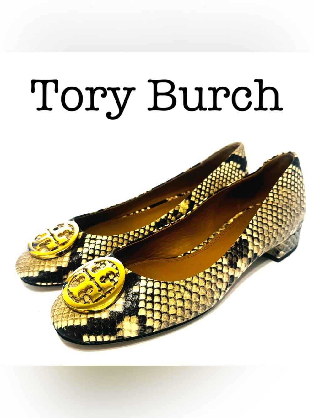 Tory Burch Snake-Print Ballet Flats with Gold Logo Medallion Size 6 1/2